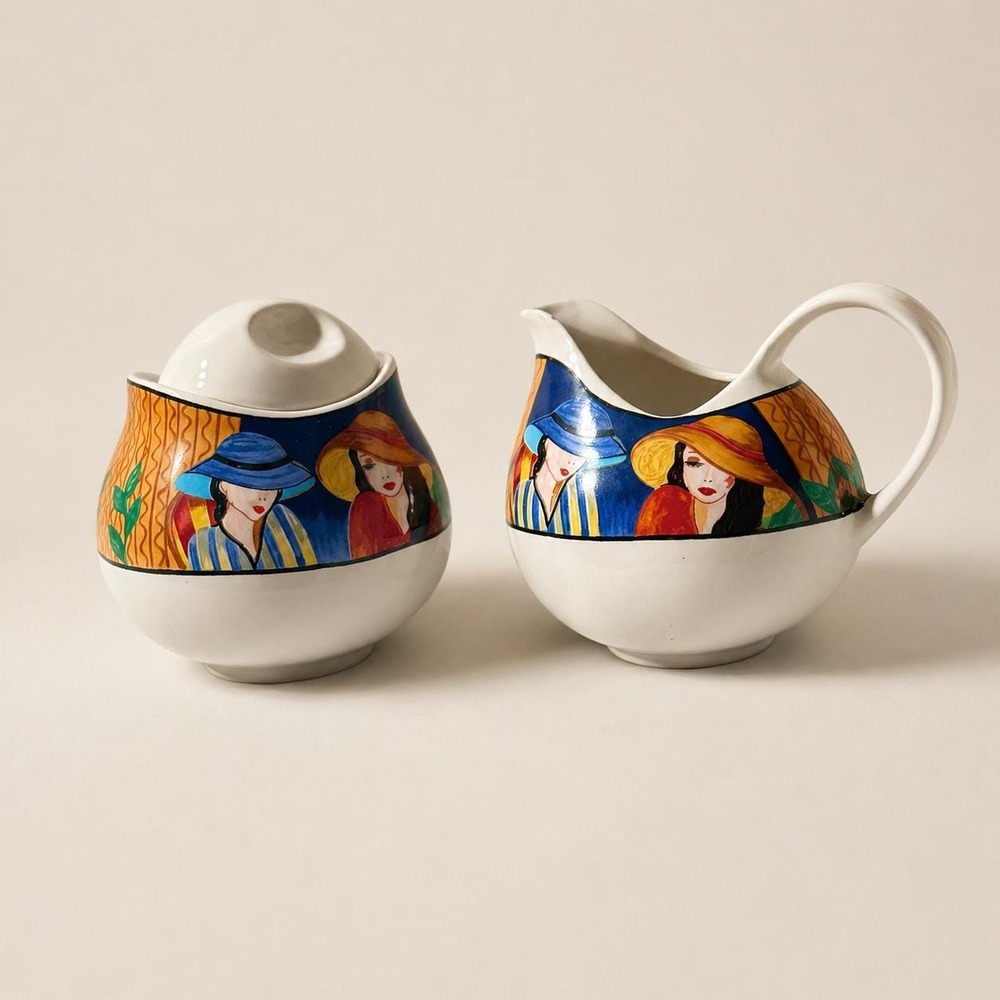 Vintage Sango Furio Cafe Paris Creamer Sugar Set Art Deco Ladies 90s‎ Decor